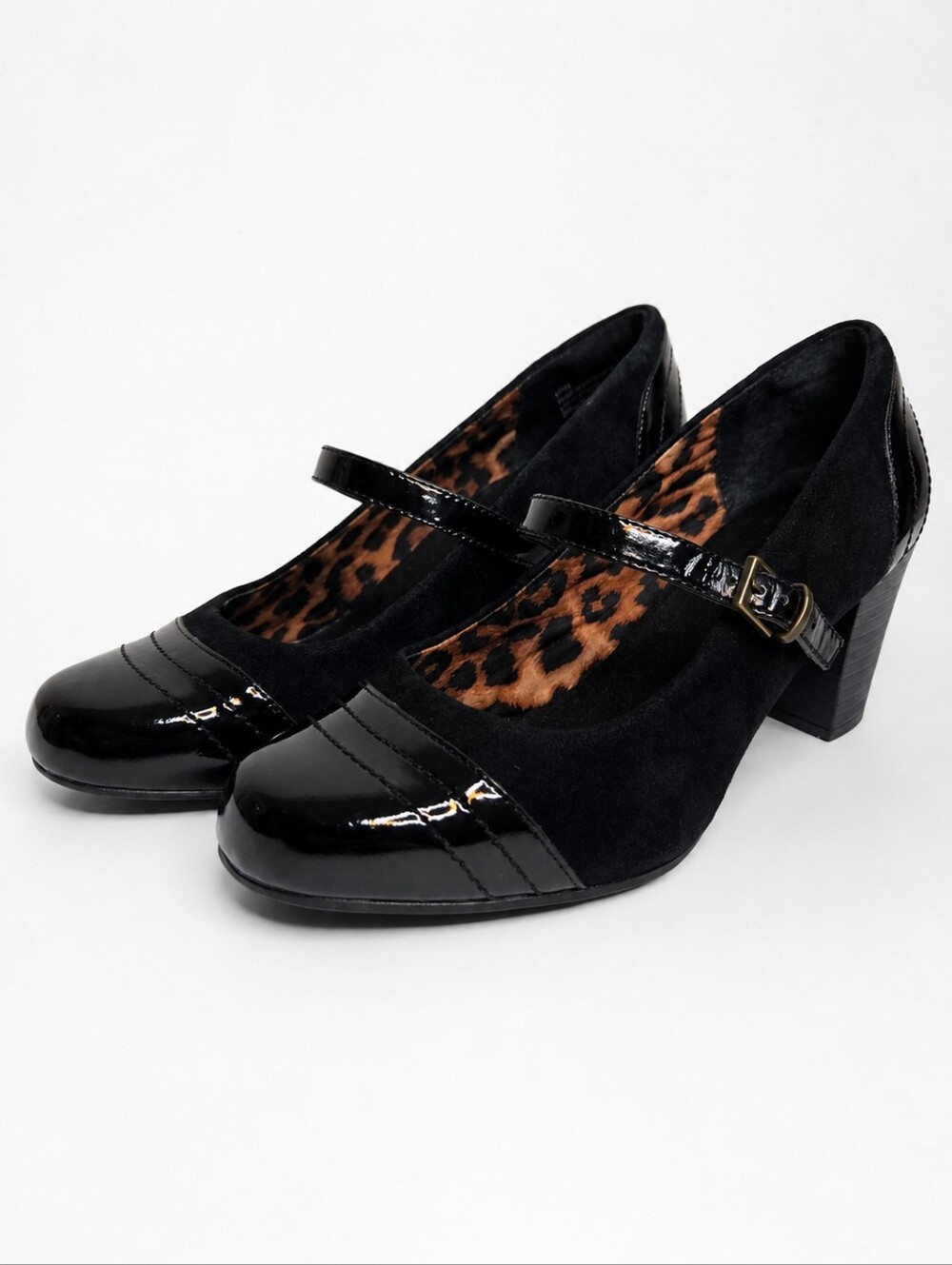 Clarks Bendables Sapphire Mary Jane Heels Black Suede Patent Leather Size 7.5
